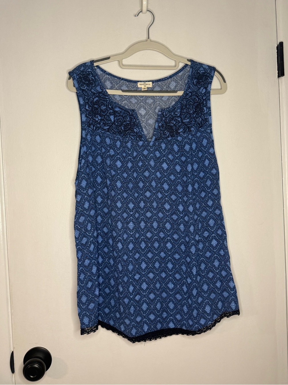 Mason & Belle Blue Sleeveless Embroidered Lace-Trim Blouse